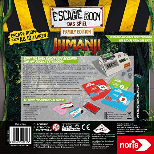 Noris - Juego por Equipos y familias Escape Room Jumanji (Family Edition) para Adultos y niños, Incluye 3 Casos y descodificador de cronógrafo, a Partir de 10 años