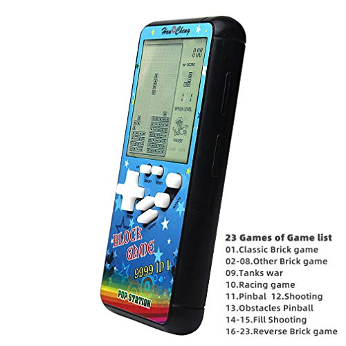 Nueva carcasa de color pantalla grande consola de juegos de ladrillo retro cuerpo pequeño pantalla grande incorporada 23 juegos con 2 pilas AA (no incluidas) viajes al aire libre interiores (Azul)
