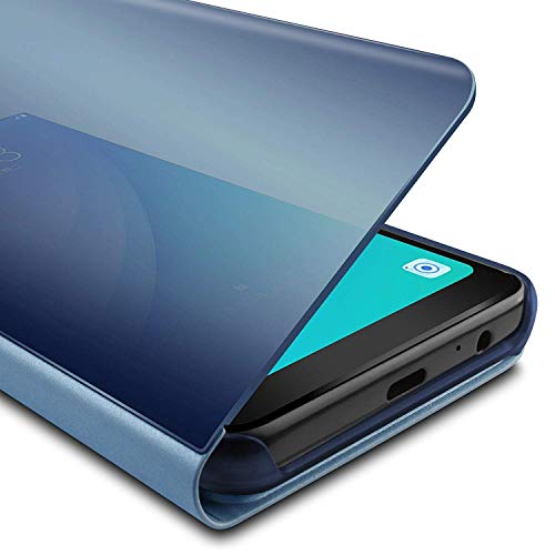 Oihxse Espejo Funda Compatible con Samsung Galaxy J6 2018 Carcasa Ultra Slim Mirror Flip Translúcido View Tipo Libro Tapa Standing 360°Protectora PC + PU Cover Anti-Scratch Caso(Azul)