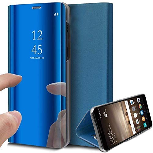 Oihxse Espejo Funda Compatible con Samsung Galaxy J6 2018 Carcasa Ultra Slim Mirror Flip Translúcido View Tipo Libro Tapa Standing 360°Protectora PC + PU Cover Anti-Scratch Caso(Azul)