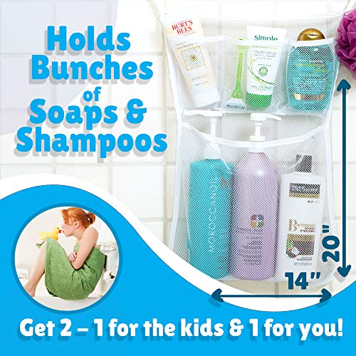 OMZGXGOD - Organizador de juguetes para baño con múltiples bolsillos + Bonus de 4 Heavy Duty bloqueo Ventosas y duradero resistente al moho lavable + seguro de malla para por favor