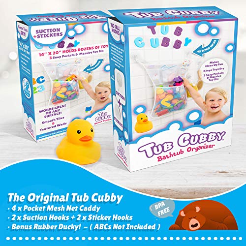 OMZGXGOD - Organizador de juguetes para baño con múltiples bolsillos + Bonus de 4 Heavy Duty bloqueo Ventosas y duradero resistente al moho lavable + seguro de malla para por favor