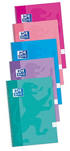 Oxford - Pack de 5 cuadernos (tapa extradura, 80 hojas, cuadrícula 4x4 con margen) Rosa Chicle/Ice Mint/Malva/Fucsia/Turquesa