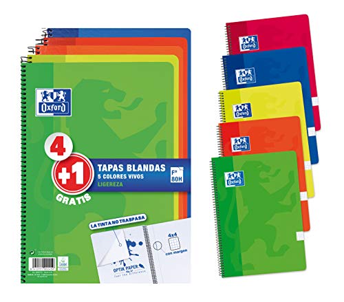 Pack 4+1 Cuadernos Folio(A4) Oxford, 400027271, Tapa Blanda, 80 Hojas cuadrícula 4x4, Surtido aleatorio vivos