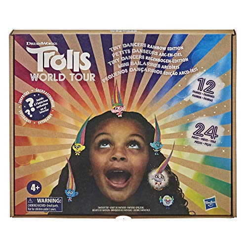 Pack de Tiny Dancers Rainbow Edition de Trolls 2: Gira Mundial de DreamWorks, Juguete con 12 Figuras Tiny Dancers, 4 Gafas de Sol, 10 Anillos pequeños, 10 pasadores