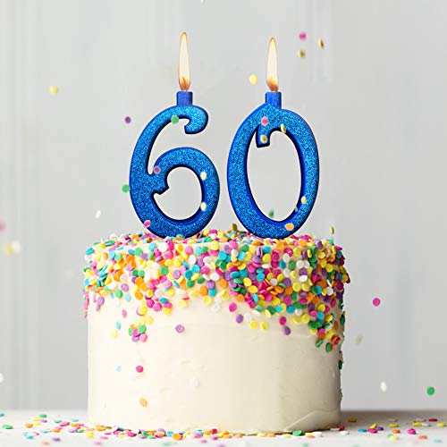 Party & Co. Velas para tarta de 60 años para fiesta de cumpleaños, felicitaciones, ideal para hombre y mujer, 12 cm, azul con purpurina