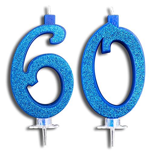 Party & Co. Velas para tarta de 60 años para fiesta de cumpleaños, felicitaciones, ideal para hombre y mujer, 12 cm, azul con purpurina