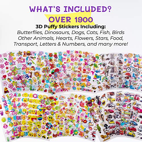 Pegatinas en Relieve 3D para Niños de Purple Ladybug - Gran Lote de 80 Hojas Todas Diferentes y más de 2000 Stickers - Calcomanías de Animales, Letras, Números, Estrellas y Mucho Más