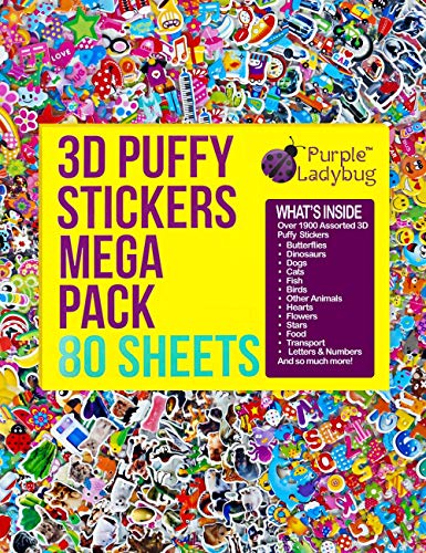 Pegatinas en Relieve 3D para Niños de Purple Ladybug - Gran Lote de 80 Hojas Todas Diferentes y más de 2000 Stickers - Calcomanías de Animales, Letras, Números, Estrellas y Mucho Más