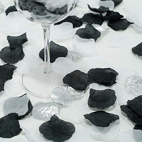 Pétalos de flores de seda mezcla de esmoquin pétalos de rosa artificiales para boda, confeti de decoración de fiesta, dispersión floral 1200 piezas (negro, blanco, plateado)