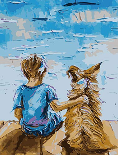 Pintura por números para adultos y niños, ABEUTY cachorro y niño animal de 40,6 x 50,8 cm, terapia de pintura de números (sin marco, niño)