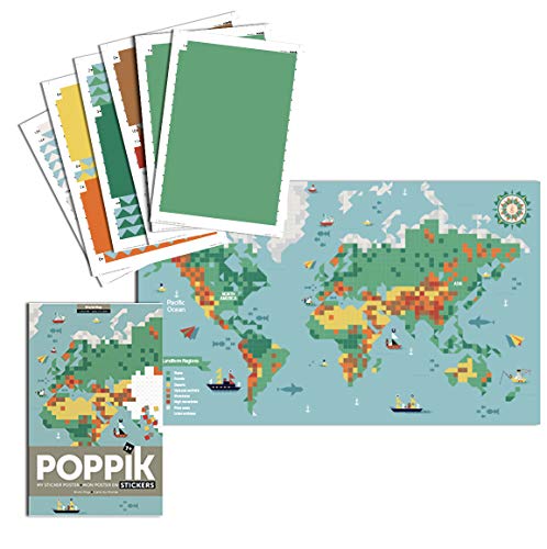 Pixeles sticker Mosaic - Póster gigante puzzle - Poppik - 1600 pegatinas + 1 póster - Mapa del mundo (para 6-12 años) - Arte creativo por números, arte y esculturas de pared - Inspirado en Montessori