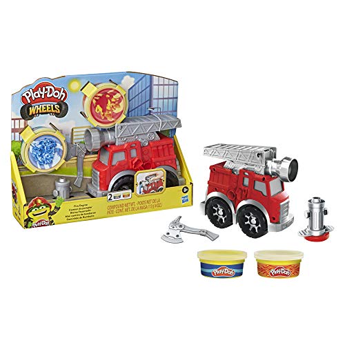 Play-Doh Juego de Ruedas para camión de Bomberos con 2 latas compuestas de Modelado no tóxicas Incluyendo Agua y Colores de Fuego, Juguete de camión de Bomberos para niños de 3 años en adelante
