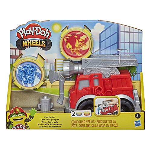 Play-Doh Juego de Ruedas para camión de Bomberos con 2 latas compuestas de Modelado no tóxicas Incluyendo Agua y Colores de Fuego, Juguete de camión de Bomberos para niños de 3 años en adelante