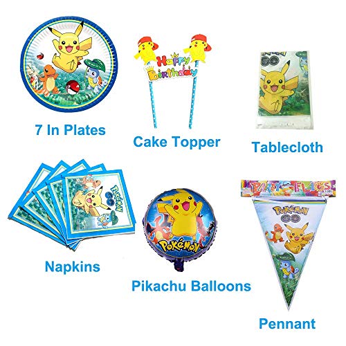 Pokemon Kids Birthday Party Decoration 98 Piezas Cartoon Anime Theme Artículos para Fiesta de Cumpleaños Platos, Tazas, Servilletas, Manteles con Paquete de Globos Gratis