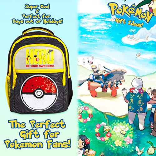 Pokemon Mochilas Escolares, Mochila Infantil con Diseño Lentejuelas Reversibles, Mochilas Escolares Juveniles con Pokemon Pokeballs y Pikachu, Regalos para Niños Niñas