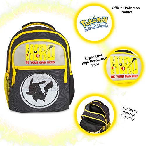 Pokemon Mochilas Escolares, Mochila Infantil con Diseño Lentejuelas Reversibles, Mochilas Escolares Juveniles con Pokemon Pokeballs y Pikachu, Regalos para Niños Niñas