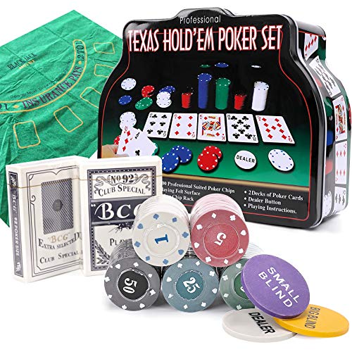 PowerKing Set de póker, Blackjack 200 fichas de póquer para Texas Holdem con Mantel para Fiestas Familiares y Amigos