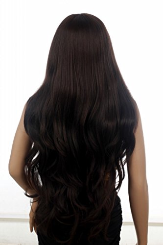 Prettyland C256 - peluca extra larga de color marrón oscuro lisa ligeramente ondulada en niveles con el lado largo del pon