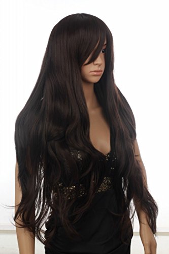 Prettyland C256 - peluca extra larga de color marrón oscuro lisa ligeramente ondulada en niveles con el lado largo del pon