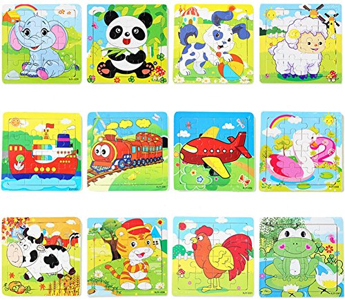 PROW® Rompecabezas de madera 16 piezas niños cuadrados juguete Elefante Panda Cachorro Pequeño cordero Nave Tren Aviones Gansos Vacas Tigre educación segura aprendizaje juguetes (12 paquetes, cada 16)