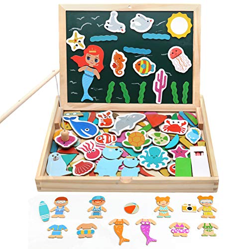 Puzzle de Madera 4 EN 1 Juguetes de Madera Juguetes de Pescar Educativos Caja Puzle Pizarra Blanca Magnética Niños Regalos para Niños de 3 4 5 6 7 Años (110 Piezas)