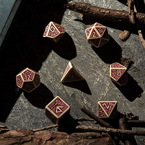 Q Workshop Dwarven Beige & Burgundy RPG Ornamented Dice Set 7 Polyhedral Pieces