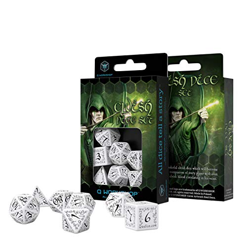 Q Workshop Elvish White & Black RPG Ornamented Dice Set 7 Polyhedral Pieces