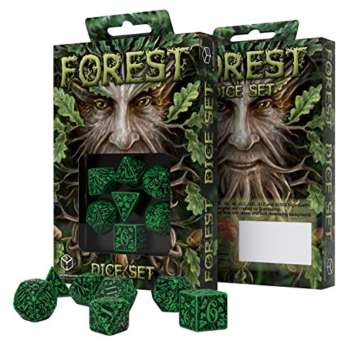 Q Workshop Forest Engraved Green & Black RPG Ornamented Dice Set 7 polyhedral Pieces