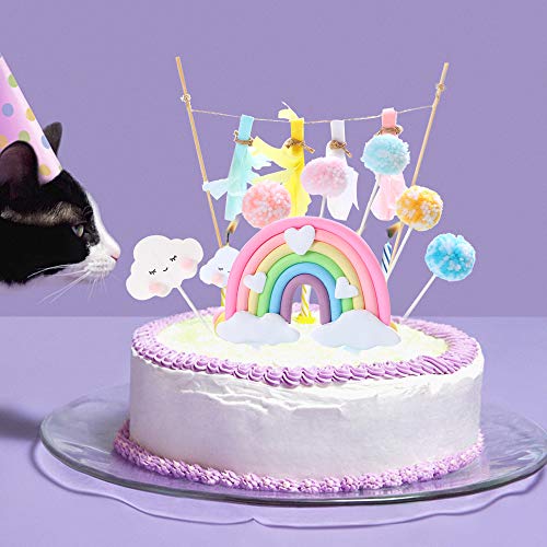 Rainbow Cake Topper, Juego de banderas para pastel de cumpleaños Rainbow Cloud Balloon Cake Decor Cupcake Picks para niñas Niños Cumpleaños Suministros de decoración para fiestas (color claro)