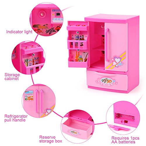 Refrigerador de Cocina Artificial Rosa Mini Frigorífico Refrigerador para Niños con Mom Play Alimentos y Cajón Niños Juego de rol Educativo Juguete de Electrodomésticos