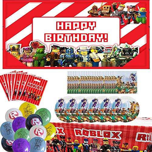 Ro-blox Party Supplies Decoraciones Favores de fiesta de cumpleaños incluidos Ro-blox Telón de fondo, globos, mantel, bolsas de regalo y servilletas, paquete de suministros para 10 invitados