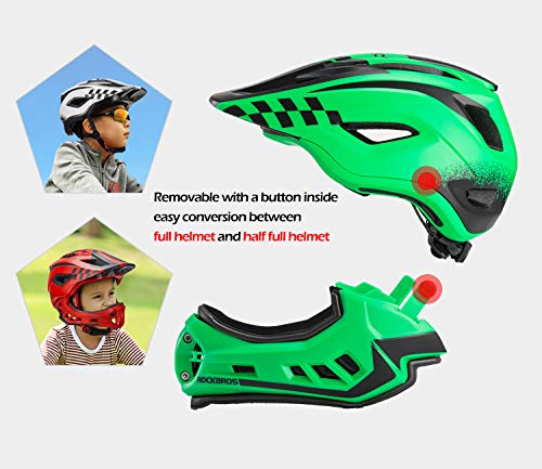 ROCKBROS Casco Integral para Ciclismo BMX Infantil Desmontable Ajustable Protección con 12 Agujeros Anti-Golpes Tamaño 48-58 cm para Niños y Niñas (Verde-S)