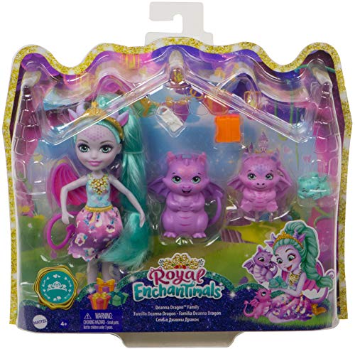 Royal Enchantimals Muñeca invitada con regalos con familia de dragones de juguete (Mattel GYJ09)
