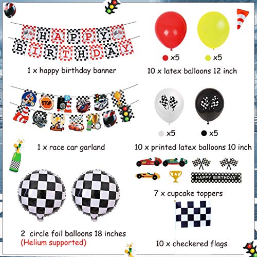 Set de decoraciones de fiesta de cumpleaños de Race Car Banner de cumpleaños de carreras Banderas a cuadros Globos para niños Niños Suministros de fiesta de cumpleaños de Racing