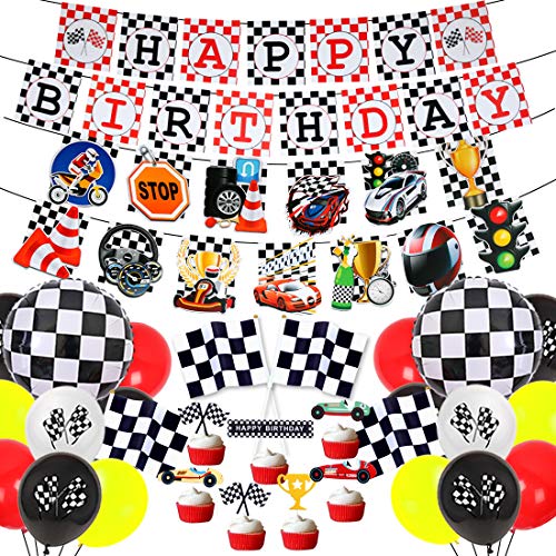 Set de decoraciones de fiesta de cumpleaños de Race Car Banner de cumpleaños de carreras Banderas a cuadros Globos para niños Niños Suministros de fiesta de cumpleaños de Racing