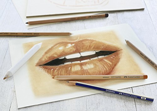 Set para diseño Creative Studio con 1 lápiz Goldfaber (2B), 3 lápices pastel PITT (blanco medio, sanguina, marrón nogal), 1 lápiz graso PITT (negro medio)*, 1 difumino