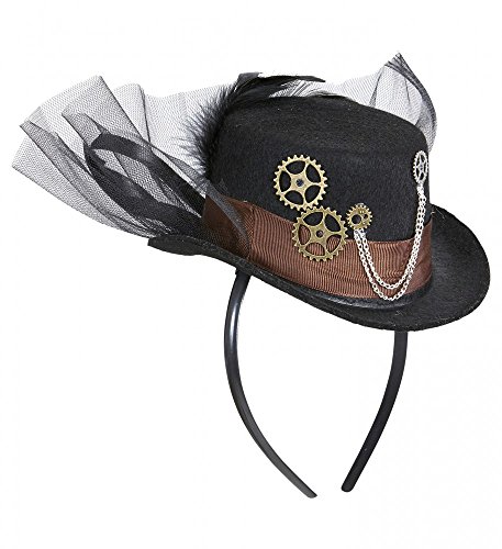 shoperama Steam Punk Cog Wheels and Feather Mini Top Hat On Headband Black/Brown