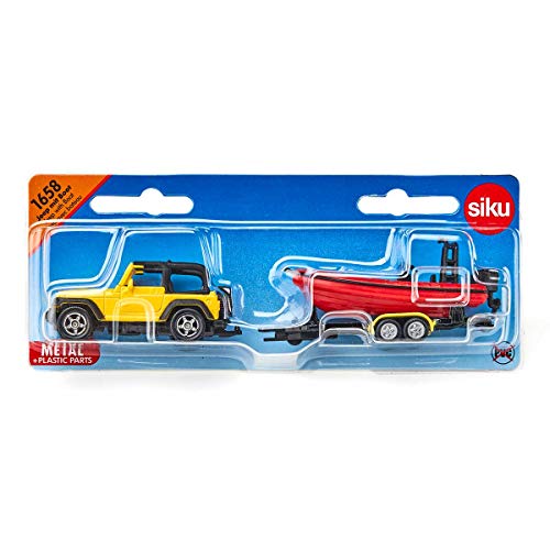 SIKU 1658, Jeep con lancha, Metal/Plástico, Amarillo/Rojo, Remolque desmontable, Lancha flotante