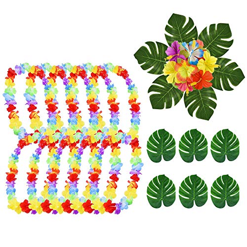 SIMUER 48 Piezas Decoraciones para Fiestas Tropicales, Hojas de Palmeras Tropicales Monstera y Flores de Hibisco Guirnaldas de Flores Hawaianas para Luau Jungle Beach temáticas Fiesta Decoraciones