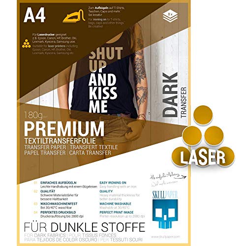 SKULLPAPER® Láminas de transferencia para tejidos oscuros (*Versión mejorada*), para impresora láser (A4-8 hojas)