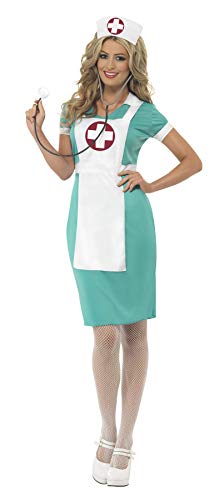 Smiffys-25870s Disfraz de Enfermera de quirófano, con Vestido, Delantal postizo y cofia, Color Verde, S-EU Tamaño 36-38 (Smiffy'S 25870S)