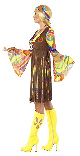 Smiffys-35531L Hippies Chica estupenda de los 60, con Vestido, Chaleco Estampado y Banda para el Pelo, Color marrón, L-EU Tamaño 44-46 (Smiffy'S 35531L)