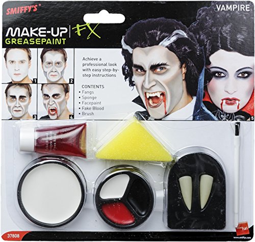 Smiffy'S 37808 Set De Maquillaje De Vampiro Con Colmillos, Esponja, Pintura Para La Cara Y Sangre En Un Tubo, Blanco / Rojo