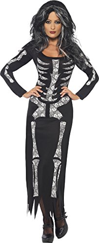 Smiffys-38873M Halloween Disfraz de Esqueleto, con Vestido ceñido de Manga Larga, Color Negro, M - EU Tamaño 40-42 (Smiffy'S 38873M)