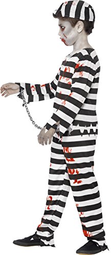 Smiffys-44326t Disfraz de zombi convicto, con pantalón, parte de arriba, gorra y esposas, color negro y blanco, T-Edad 12 años + (Smiffy's 44326T)