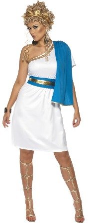 Smiffy's Disfraz de belleza romana, con vestido, toga, cinturón y accesorio para la cabeza, color azul y blanco, M (30645M)
