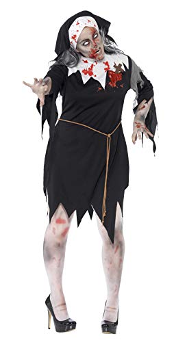 Smiffys Disfraz de monja zombi con sangre, Negro, con vestido, herida de látex, cinturón