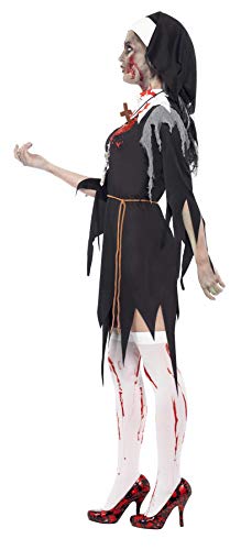 Smiffys Disfraz de monja zombi con sangre, Negro, con vestido, herida de látex, cinturón