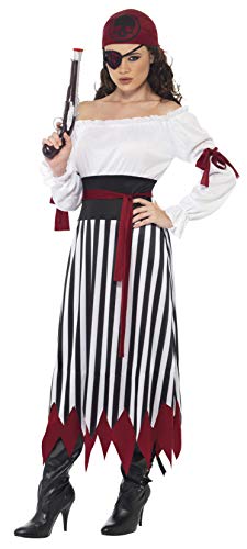 Smiffys Disfraz de Mujer Pirata, Vestido con Tiras para los Brazos, cinturón y Elemento para la Cabeza, Color Negro y Blanco, L-EU Tamaño 44-46 (Smiffy'S 20803L)